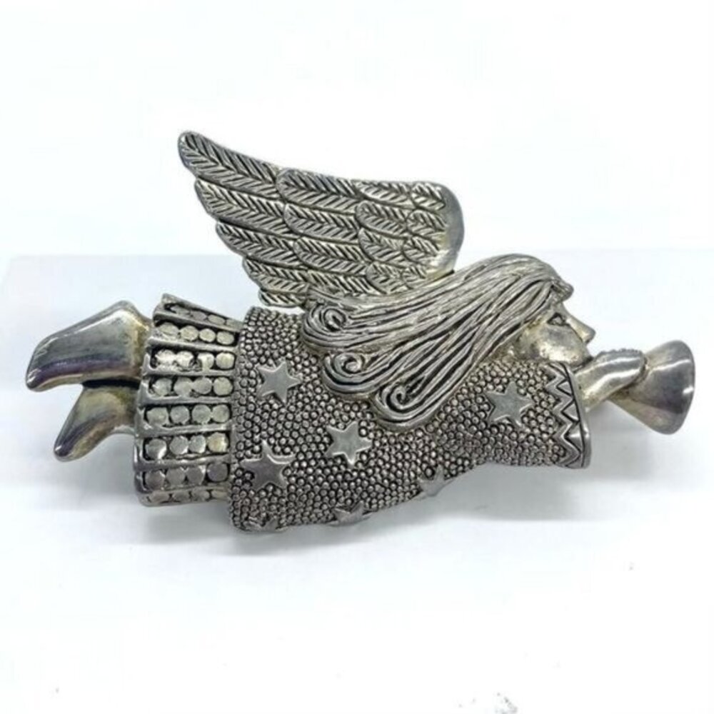 Vintage Silver Flying Angel Playing Trumpet Stars Brooch Pin